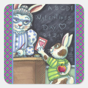 PEGATINA CUADRADA MASCOTA DE PROFESOR, APPLE & VALENTINE BUNNY RABBI