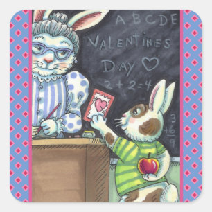 PEGATINA CUADRADA MASCOTA DE PROFESOR, APPLE & VALENTINE BUNNY RABBI