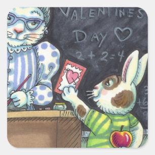 PEGATINA CUADRADA MASCOTA DE PROFESOR, APPLE & VALENTINE BUNNY RABBI