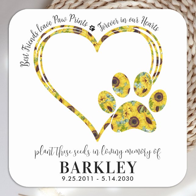 Pegatina Cuadrada Mascota Memorial Seed Packet Paw Print Heart Sunfl (Subido por el creador)