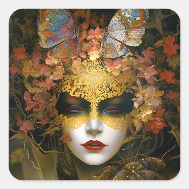 Pegatina Cuadrada Masked Lady Fantasy Art (Anverso)