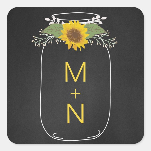 Pegatina Cuadrada Mason Jar con girasoles en favor de la boda en mon (Anverso)