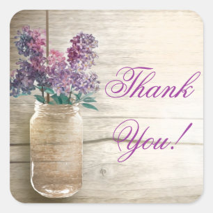 Pegatina Cuadrada mason jar con lilacs gracias pegatinas