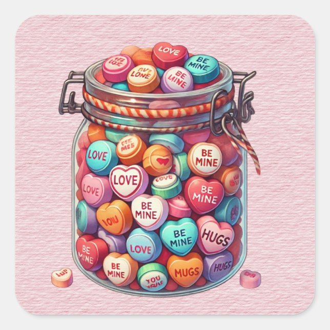 Pegatina Cuadrada Mason Jar de Valentine Word Candy (Anverso)