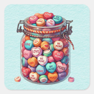Pegatina Cuadrada Mason Jar de Valentine Word Candy