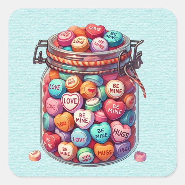 Pegatina Cuadrada Mason Jar de Valentine Word Candy (Anverso)