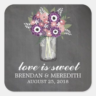 Pegatina Cuadrada Mason Jar Floral Boda