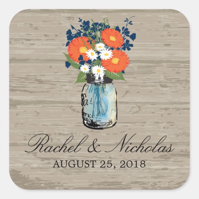 Pegatina Cuadrada Mason Jar Floral Boda (Anverso)