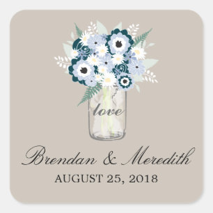 Pegatina Cuadrada Mason Jar Floral Boda