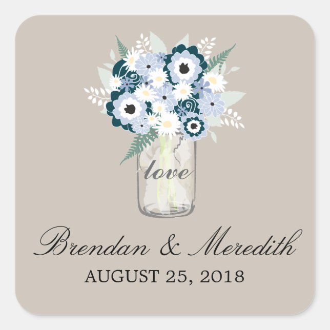 Pegatina Cuadrada Mason Jar Floral Boda (Anverso)