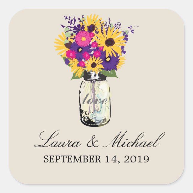 Pegatina Cuadrada Mason Jar Floral Boda (Anverso)