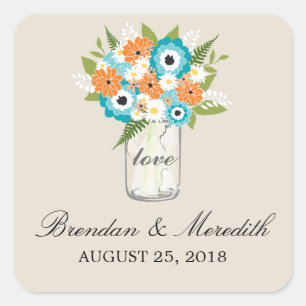 Pegatina Cuadrada Mason Jar Floral Boda