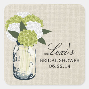 Pegatina Cuadrada Mason Jar Hydrangea Bridal Shower