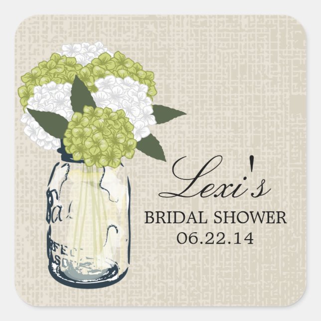 Pegatina Cuadrada Mason Jar Hydrangea Bridal Shower (Anverso)