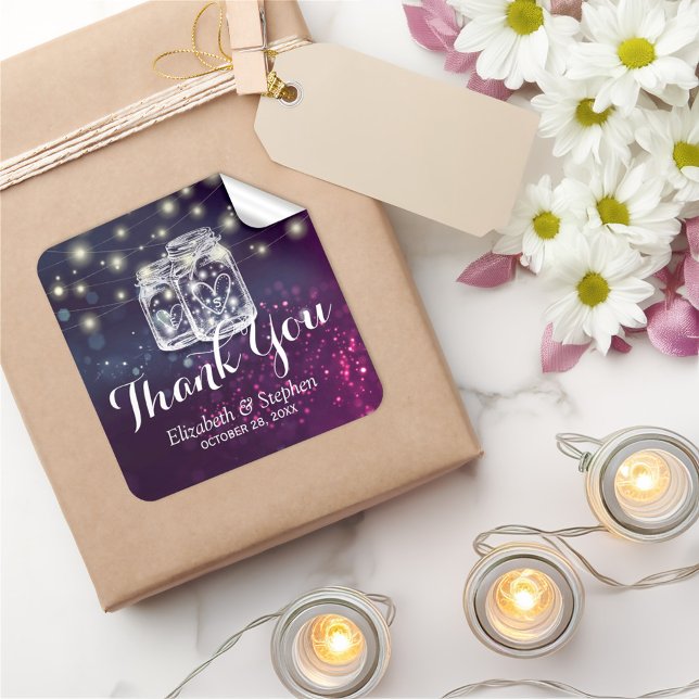 Pegatina Cuadrada Mason Jar & String Lights Favor De La Boda Gracias (Subido por el creador)