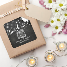 Pegatina Cuadrada Mason Jar & String Lights Favor De La Boda Gracias