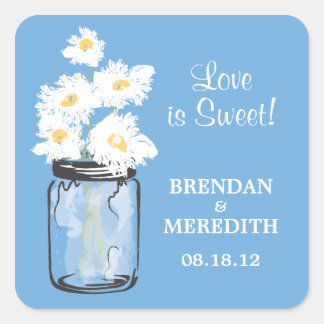 Pegatina Cuadrada Mason Jar y el Boda de White Daisies