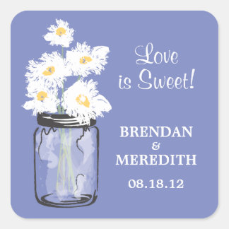 Pegatina Cuadrada Mason Jar y el Boda de White Daisies