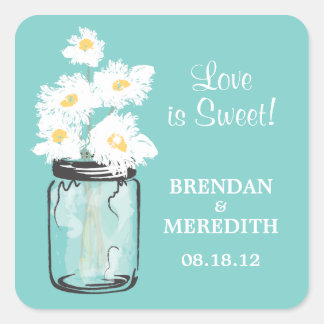 Pegatina Cuadrada Mason Jar y el Boda de White Daisies