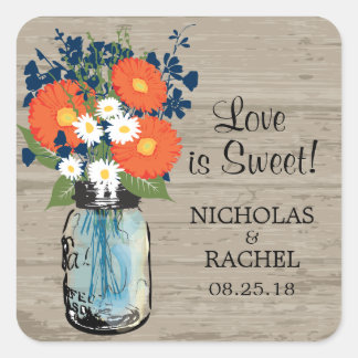 Pegatina Cuadrada Mason Jar y Gerber Daisies Boda