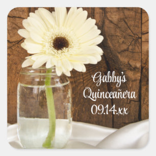 Pegatina Cuadrada Mason Jar y White Daisy Quinceañera Favorito Tag