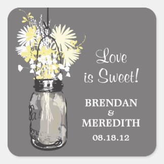 Pegatina Cuadrada Mason Jar y Wildflowers Boda