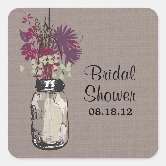 Pegatina Cuadrada Mason Jar y Wildflowers Boda (Anverso)