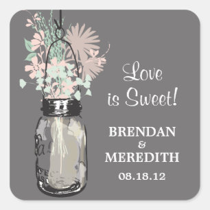 Pegatina Cuadrada Mason Jar y Wildflowers Boda
