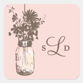 Pegatina Cuadrada Mason Jars and Wildflowers Boda