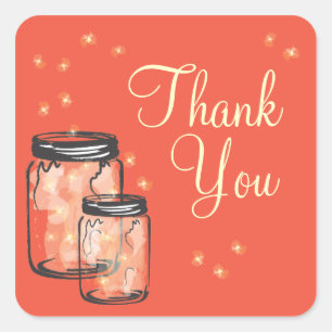 Pegatina Cuadrada Mason Jars con luciérnagas Gracias