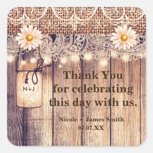 Pegatina Cuadrada Mason Jars Daisies y Boda de encaje ruso (Anverso)
