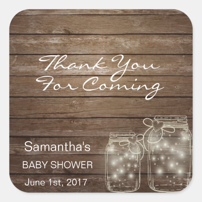 Pegatina Cuadrada Mason Jars Rustic Personalizada Baby Shower Wood (Anverso)