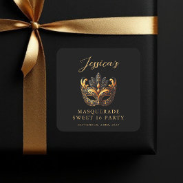 Pegatina Cuadrada Masquerade Black Gold Sweet 16 Birthday Party