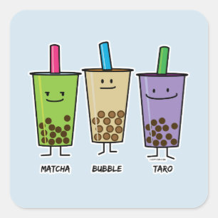 Pegatina Cuadrada Matcha boba té bebida verde Taro tapioca Japon