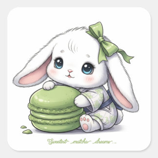 Pegatina Cuadrada Matcha Macaron Baby Bunny - Kimono Yukata & Ribbon