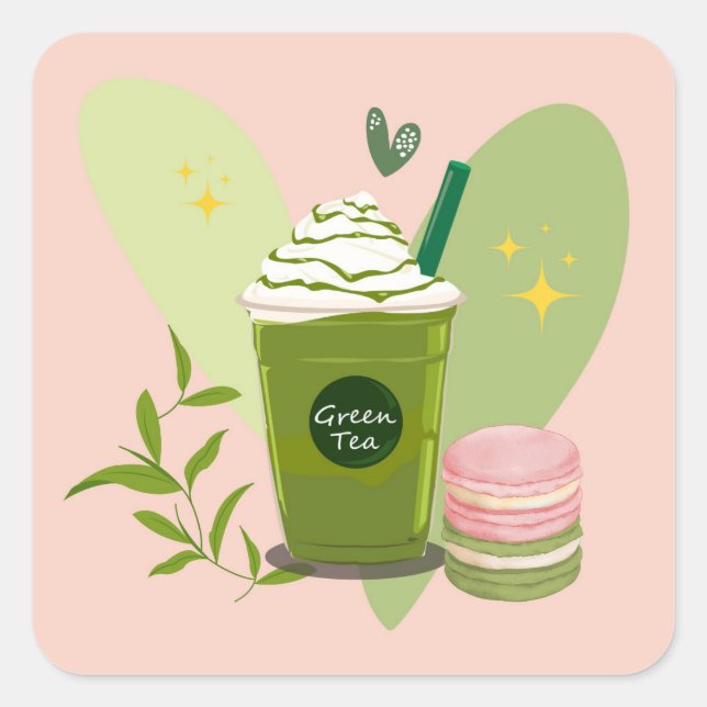 Pegatina Cuadrada Matcha y Macarons (Anverso)