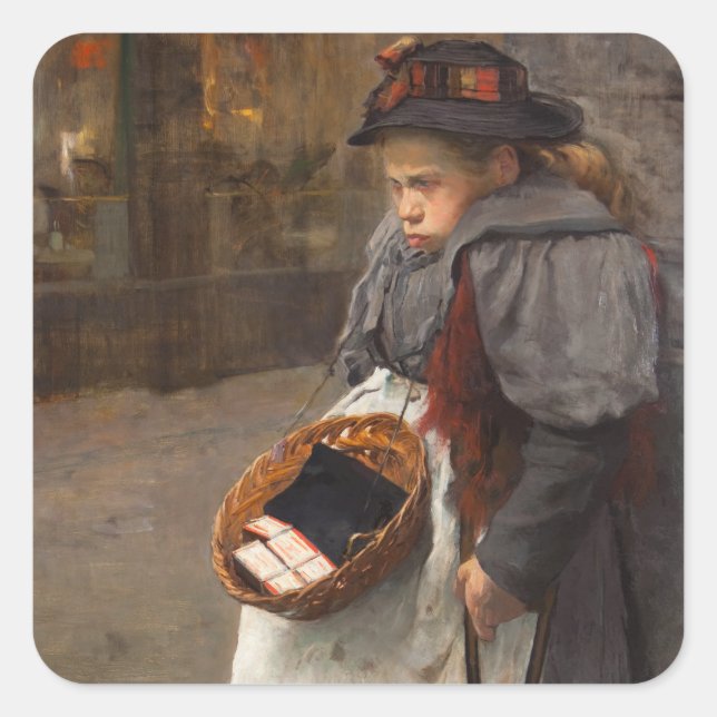 Pegatina Cuadrada Matchstick Chica Pobre Calle Urchin Pobreza Urbana (Anverso)