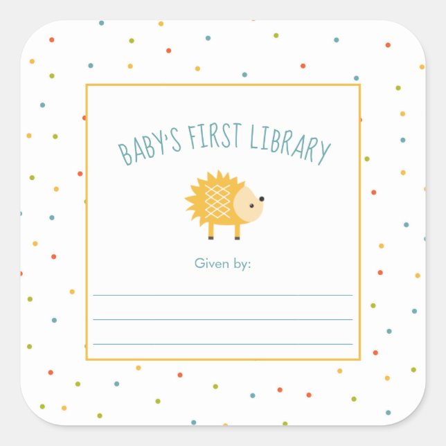 Pegatina Cuadrada Matrícula de la primera biblioteca de Cute Hedgeho (Anverso)