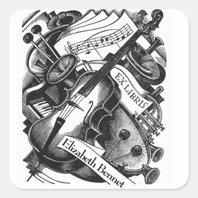 Pegatina Cuadrada Matrícula de Music Ex Libris (Anverso)