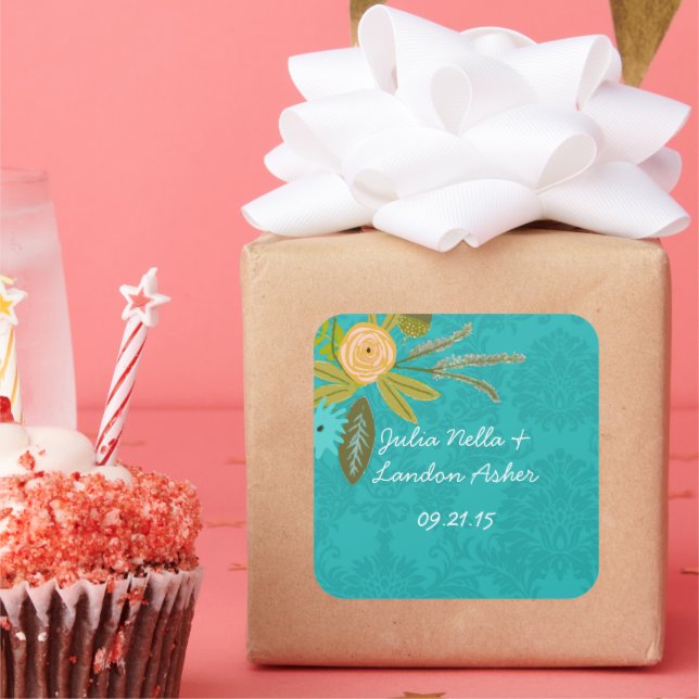 Pegatina Cuadrada Matrimonio de Damasco de Chartreuse Turquesa Moder (Fiesta)