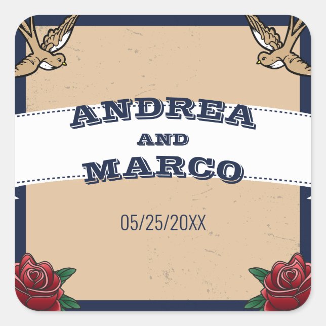 Pegatina Cuadrada Matrimonio de destino gótico Rockabilly Tattoo (Anverso)
