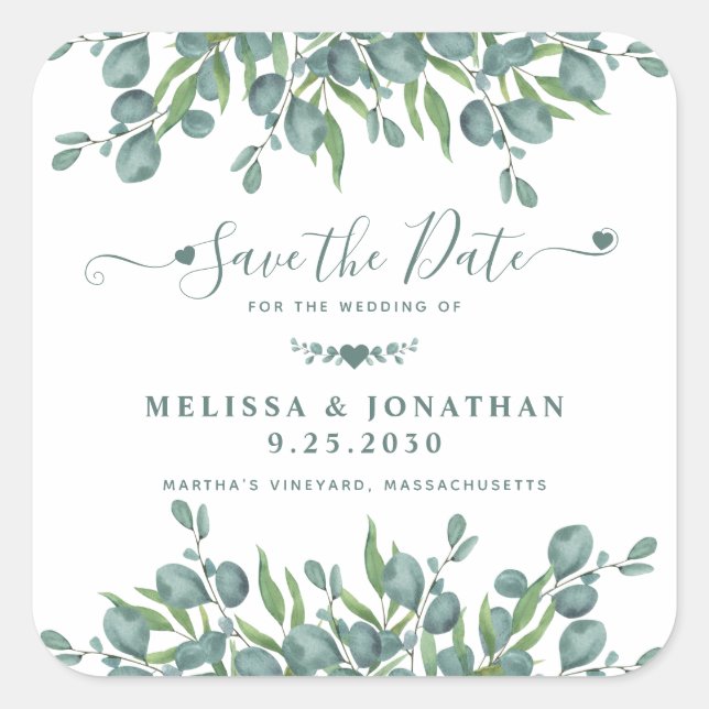 Pegatina Cuadrada Matrimonio de Eucalyptus Greenery Sage Wedding Sav (Anverso)