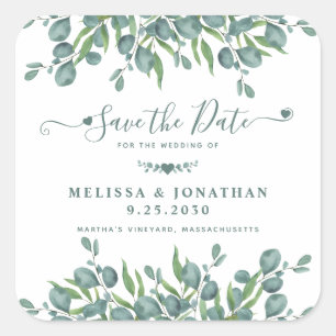 Pegatina Cuadrada Matrimonio de Eucalyptus Greenery Sage Wedding Sav