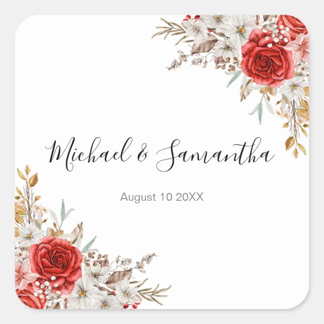 Pegatina Cuadrada Matrimonio rústico-Rosa-rural (Anverso)