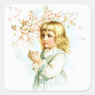 Pegatina Cuadrada Maud Humphrey: Chica de primavera bajo el árbol de