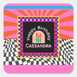 Pegatina Cuadrada Máximalismo Cumpleaños Colorosa Floral de cuadros