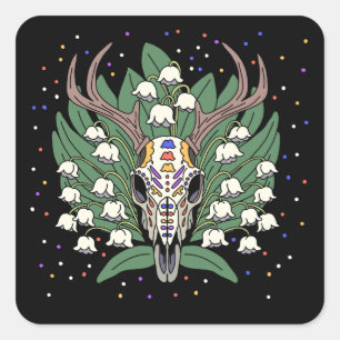 Pegatina Cuadrada May es Lily of the Valley & Deer Skull