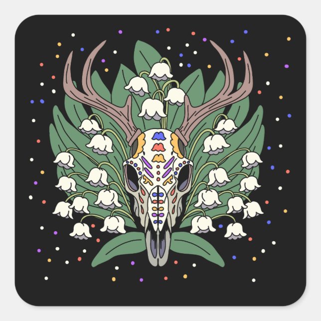 Pegatina Cuadrada May es Lily of the Valley & Deer Skull (Anverso)