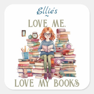 Pegatina Cuadrada Me encanta amar mis libros Stack Bookplate
