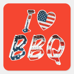 Pegatina Cuadrada Me encanta la barbacoa, patriota estadounidense